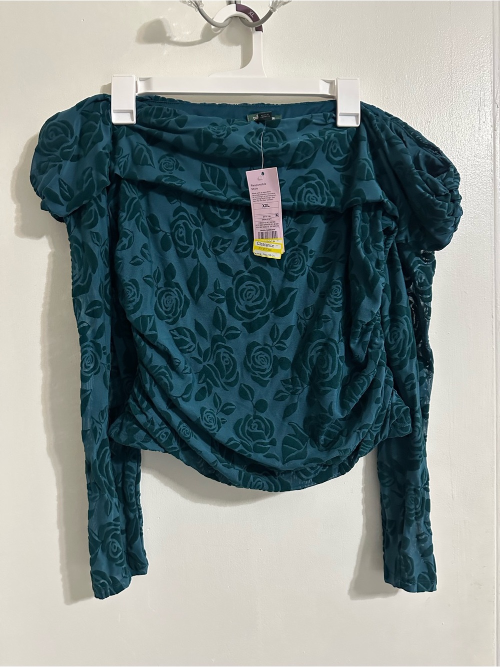 wild fable Teal Floral Velvet Burnout off-shoulder Long Sleeve Top